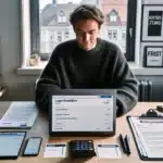 Norwegian student applying for scholarships on laptop with organized documents and budget