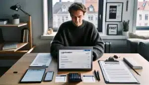 Norwegian student applying for scholarships on laptop with organized documents and budget