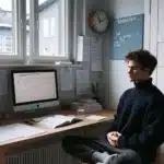 Norwegian student planning studies and practicing mindful breathing by a sunlit window