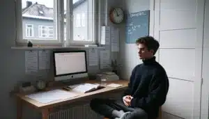 Norwegian student planning studies and practicing mindful breathing by a sunlit window