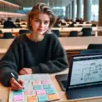 Norwegian student planning study path with notes and laptop in bright library