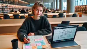 Norwegian student planning study path with notes and laptop in bright library