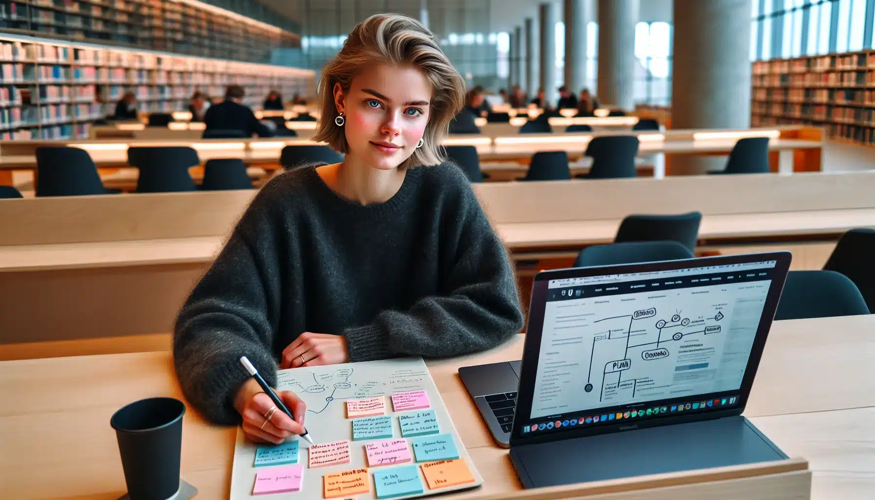 Norwegian student planning study path with notes and laptop in bright library
