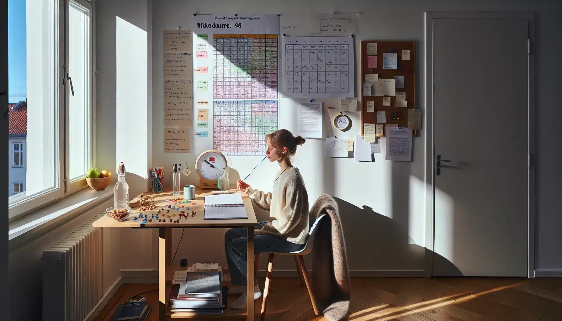 Norwegian student practicing breathing at tidy study desk with time block plan and pomodoro timer