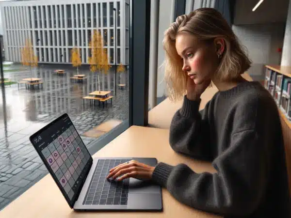 Norwegian student using calendar to do notes and focus apps in library