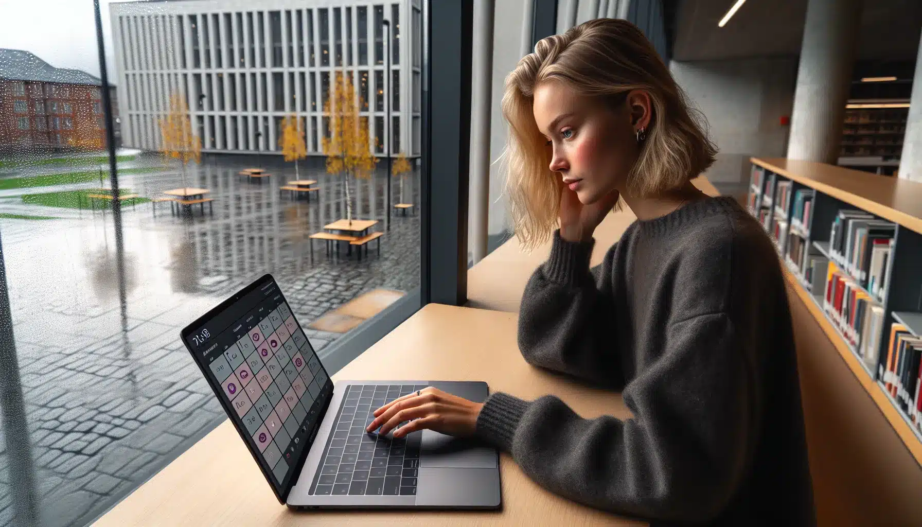 Norwegian student using calendar to do notes and focus apps in library