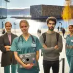 Four norwegian professionals in healthcare it construction and teaching standing confidently