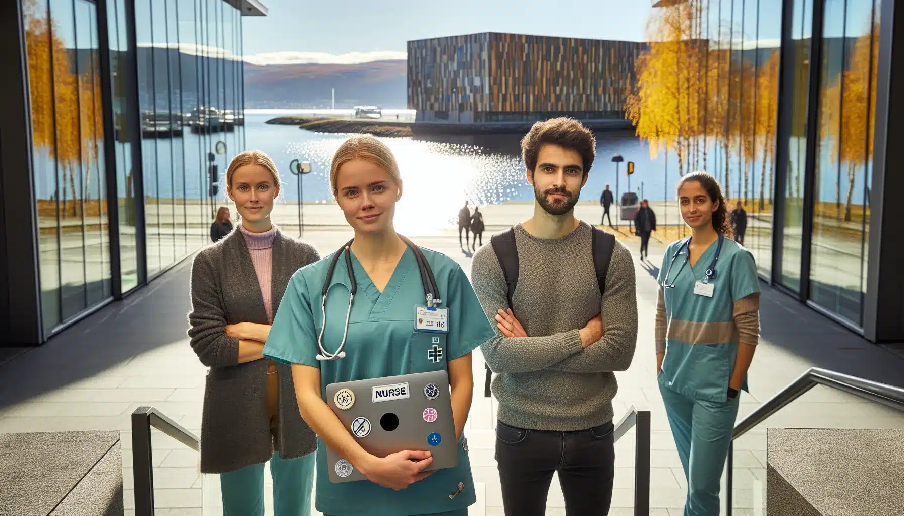 Four norwegian professionals in healthcare it construction and teaching standing confidently