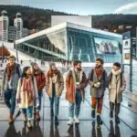 International students in norway near oslo opera house with study city posters
