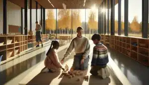 Norwegian classroom with teacher guiding younger and older students in projects