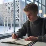 Norwegian student planning smart goals and studying in a calm winter library