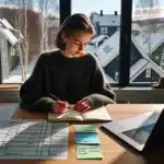 Norwegian student planning study path with lists and laptop in winter light