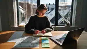 Norwegian student planning study path with lists and laptop in winter light