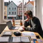 Norwegian student preparing documents budget and suitcase for an exchange year