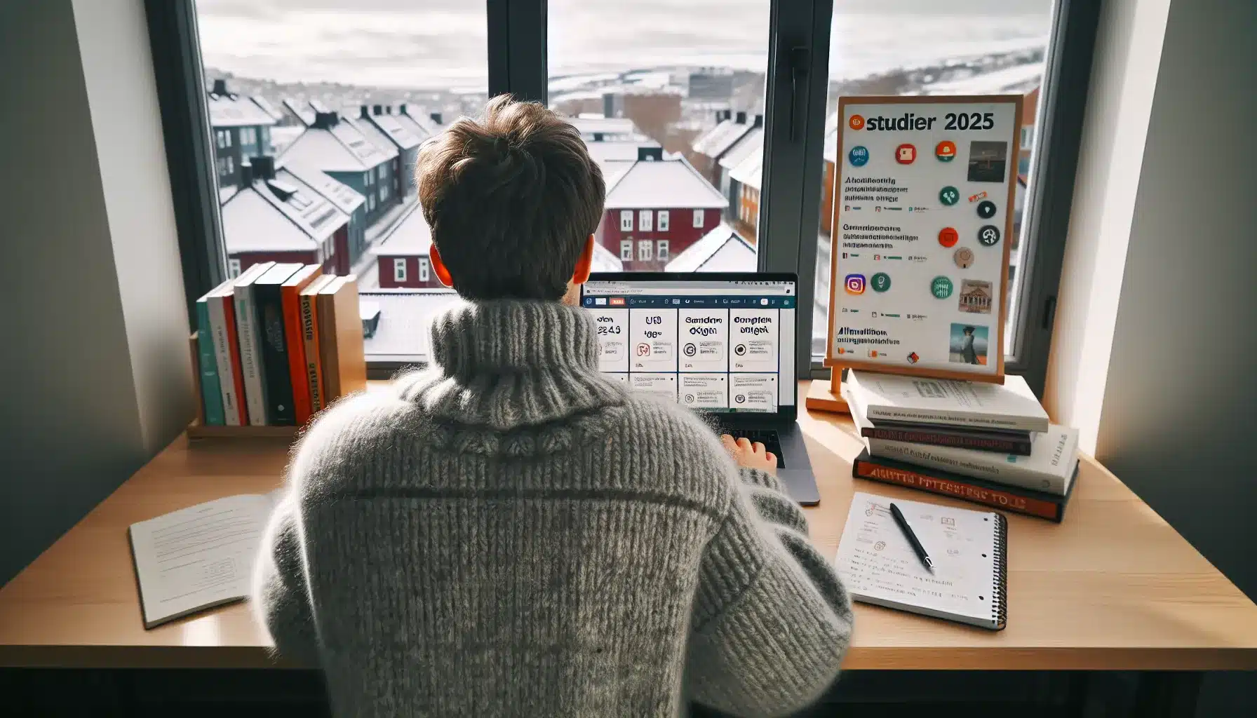 Norwegian student researching study options on social media with notes and deadlines