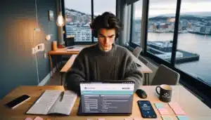 Norwegian student studying online with course dashboard notes and winter oslo view