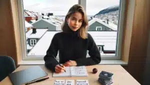 Norwegian student using spaced repetition and retrieval practice at a cozy desk