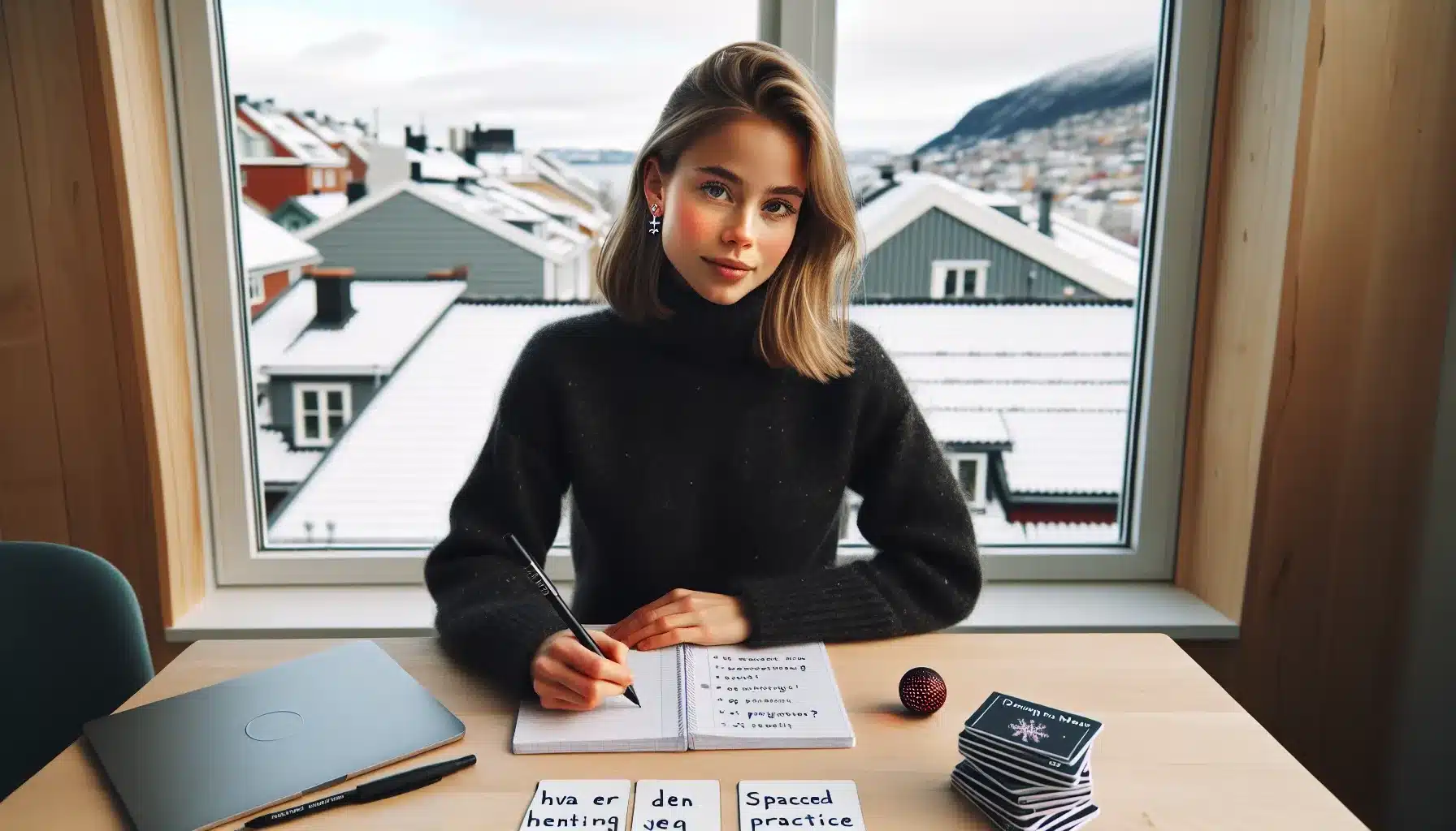 Norwegian student using spaced repetition and retrieval practice at a cozy desk