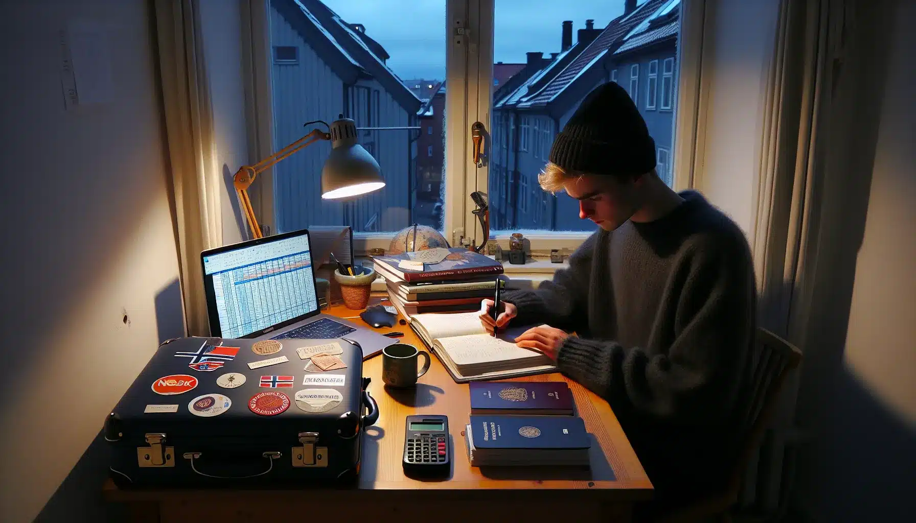Norwegian student weighing study abroad pros and cons at a winter desk