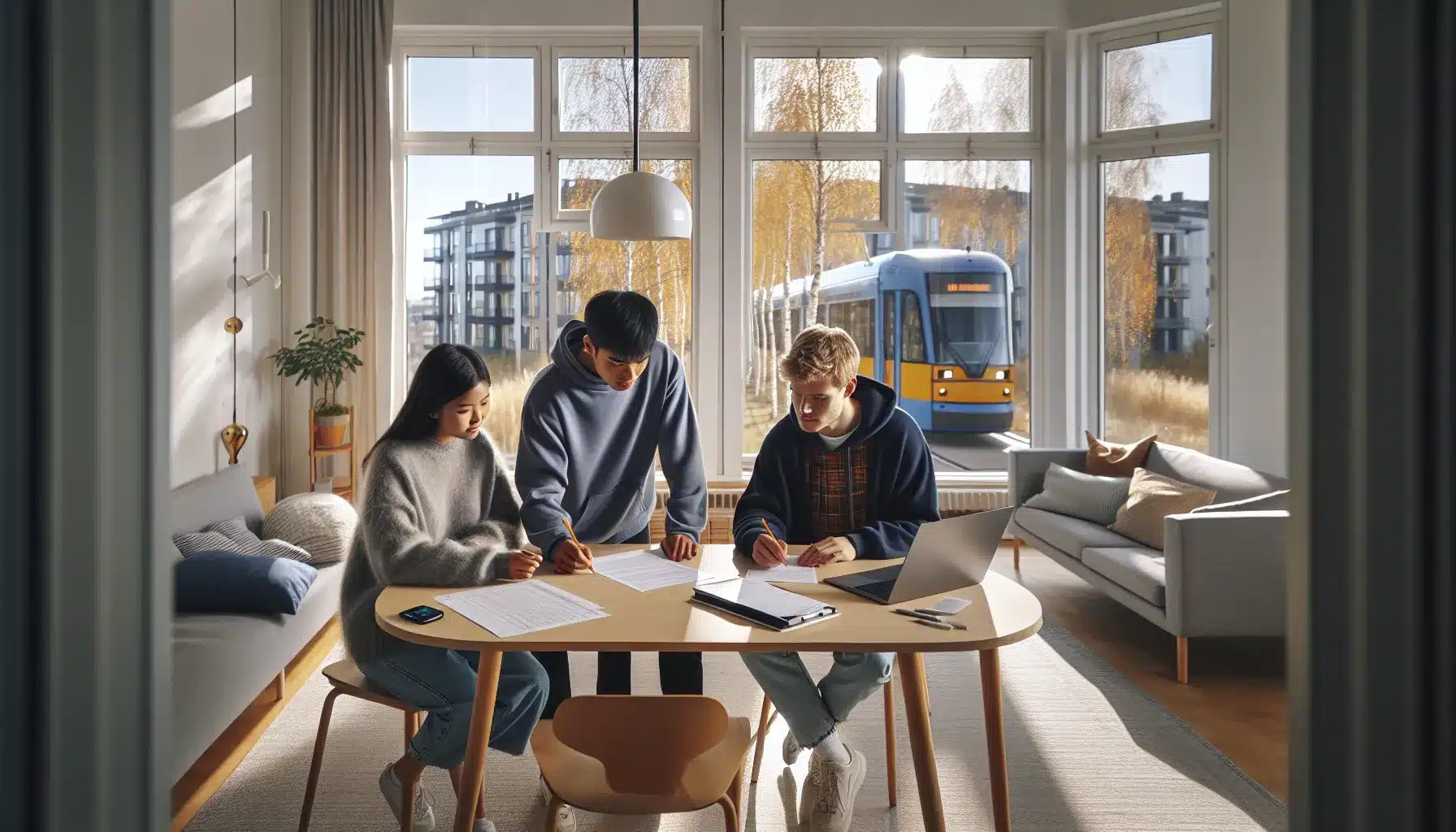 Students review a norwegian shared flat during a focused apartment viewing